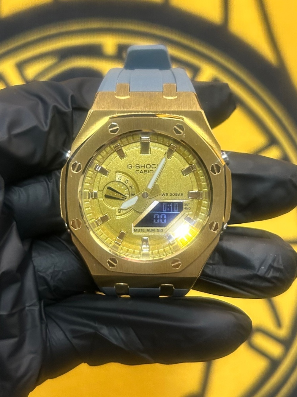 Custom G-Shock Gold Octagon Watch Gold Dial Blue Gray Strap One of a Kind